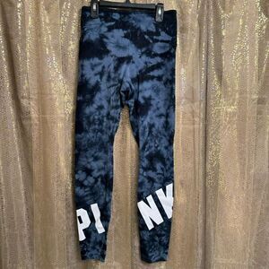 PINK Victorias Secret High Waist Blue‎ Black Tie Dye Logo Yoga Leggings Small